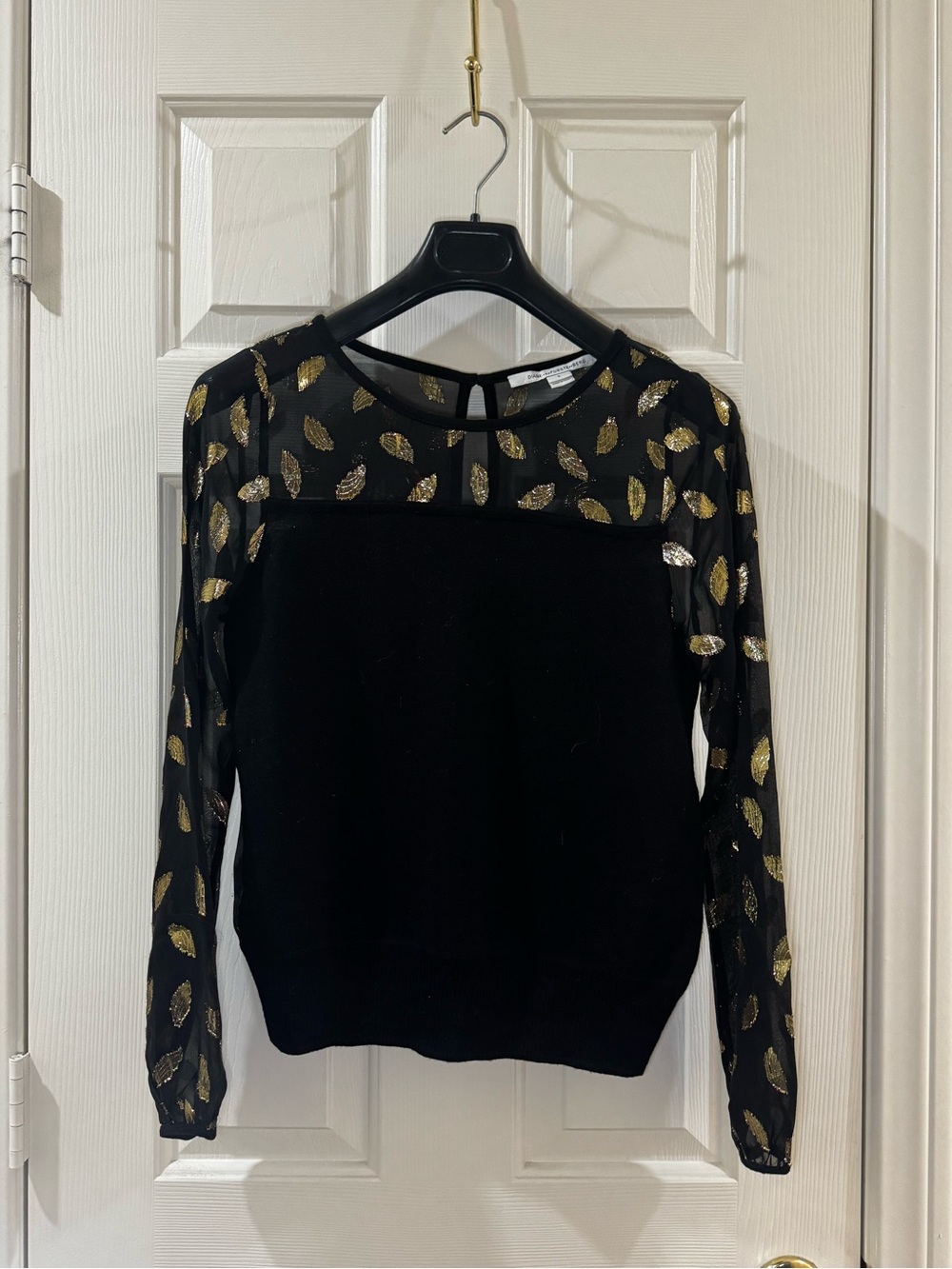 Diane von Furstenberg Black Top with Gold Metallic Leaf Accents